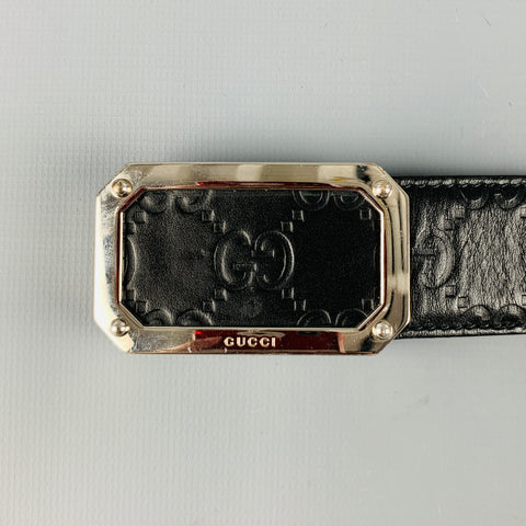 GUCCI Size 42 Black Silver Embossed Leather Belt