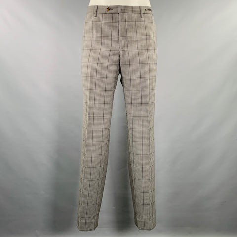 PT01 Size 38 Black White Plaid Virgin Wool Flat Front Slim Fit Casual Pants