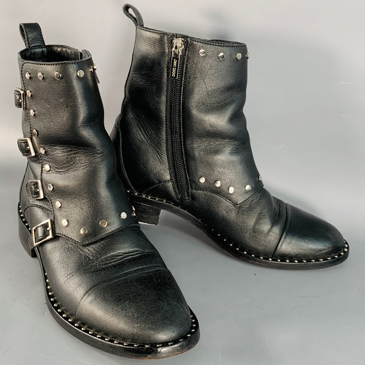 JIMMY CHOO Size 7.5 Black Leather Studded Belted Side Zipper Ankle Boots