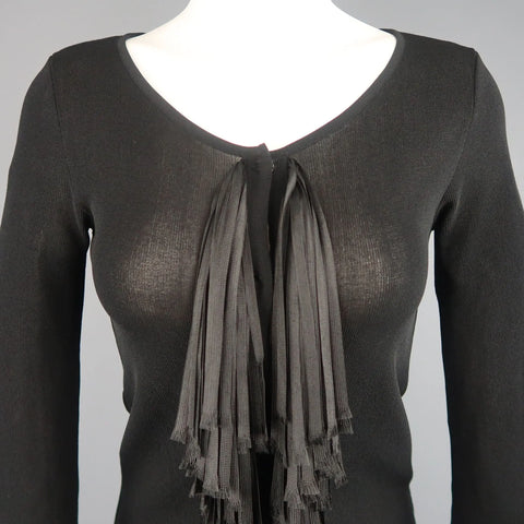 GIAMBATTISTA VALLI Size S Black Scoop Neck Ribbon Fringe Snap Cardigan GIAMBATTISTA VALLI