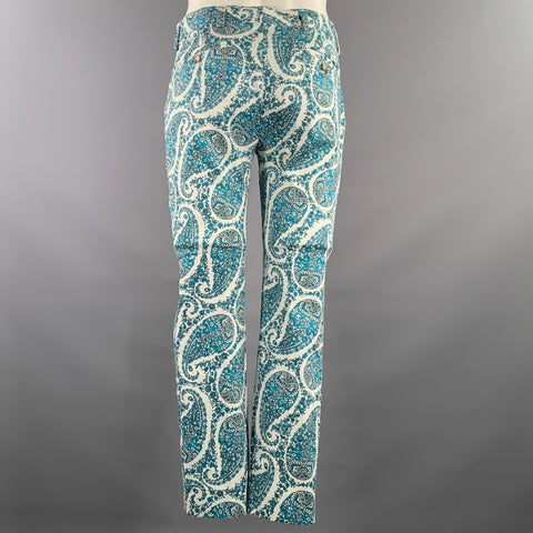 MR TURK Chest Size 40 White Blue Paisley Cotton Blend Notch Lapel 34 28 Suit