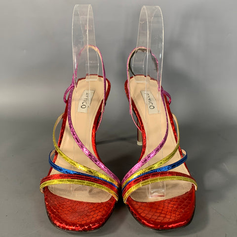 ATTICO Size 7 Red Multi Color Leather Snake Embossed Strappy Sandals