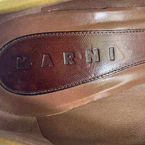 MARNI Size 7.5 Bronze Purple Satin Stripe Round Toe Pumps
