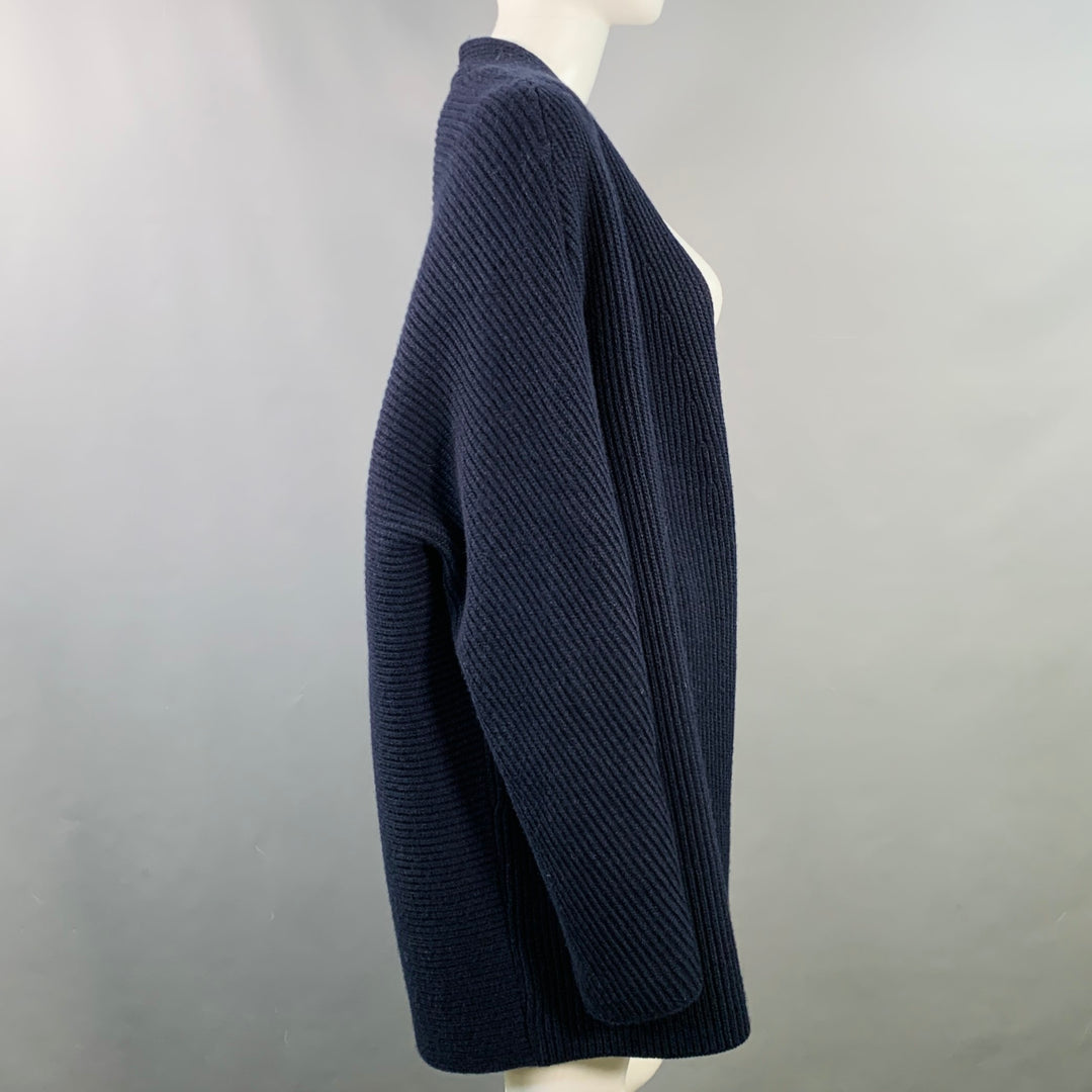 THE ROW Size M Navy Wool Cashmere Ribbed Open Front Cardigan