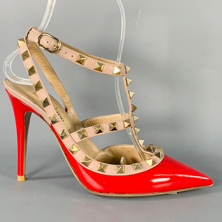 VALENTINO Size 4 Rockstud Red Nude Gold Studded T- Strap Pumps