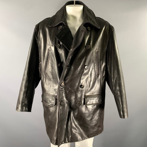 HARVEY LOGAN Size XXL Black Leather Double Breasted Coat