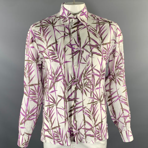 BRIONI Size L White Purple Brown Bamboo Linen Long Sleeve Shirt