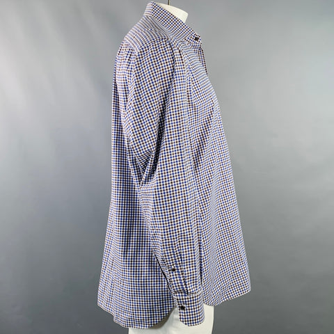 ISAIA Size XL White Blue Brown Plaid Cotton Button Up Long Sleeve Shirt