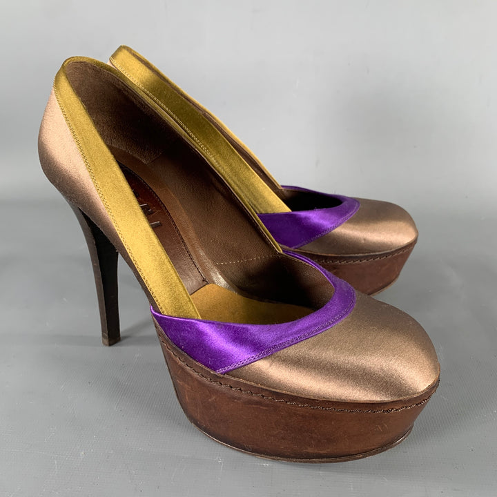 MARNI Size 7.5 Bronze Purple Satin Stripe Round Toe Pumps