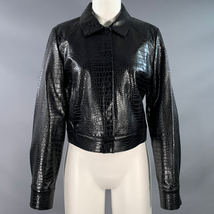 CALVIN KLEIN Size 8 Black Faux Leather Croc Embossed Snaps Jacket