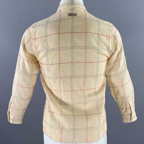 GREENCLUB Size S Cream Red Grey Stiched Plaid Wool Long Sleeve Shirt