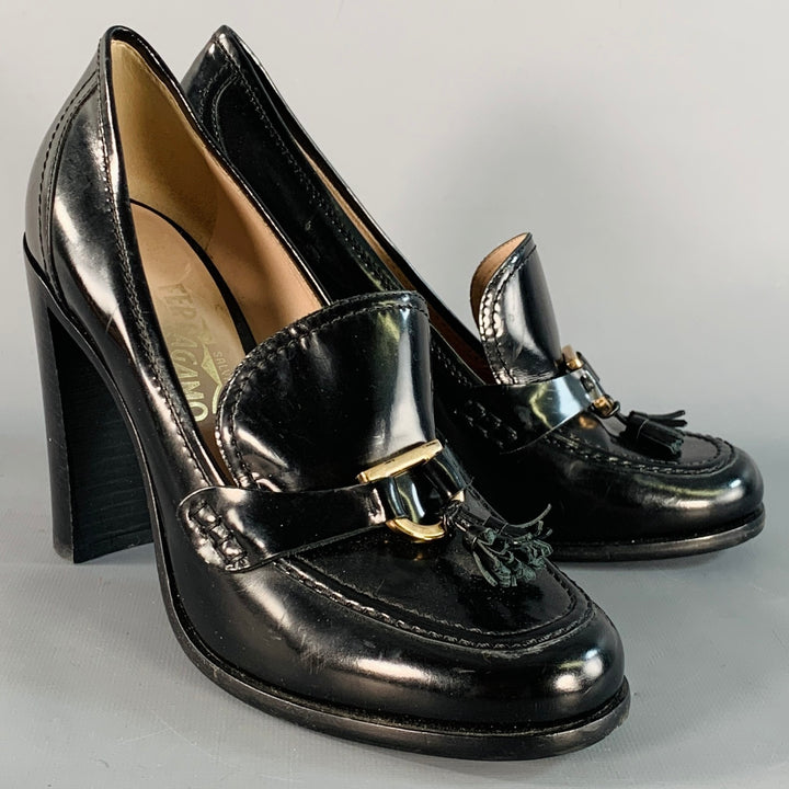 SALVATORE FERRAGAMO Size 9 Black Tassels Stacked Heel Loafer Pumps