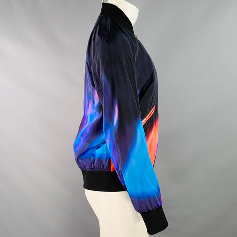 PAUL SMITH Size M Abstract Fire Black Multi Color Nylon Bomber Jacket