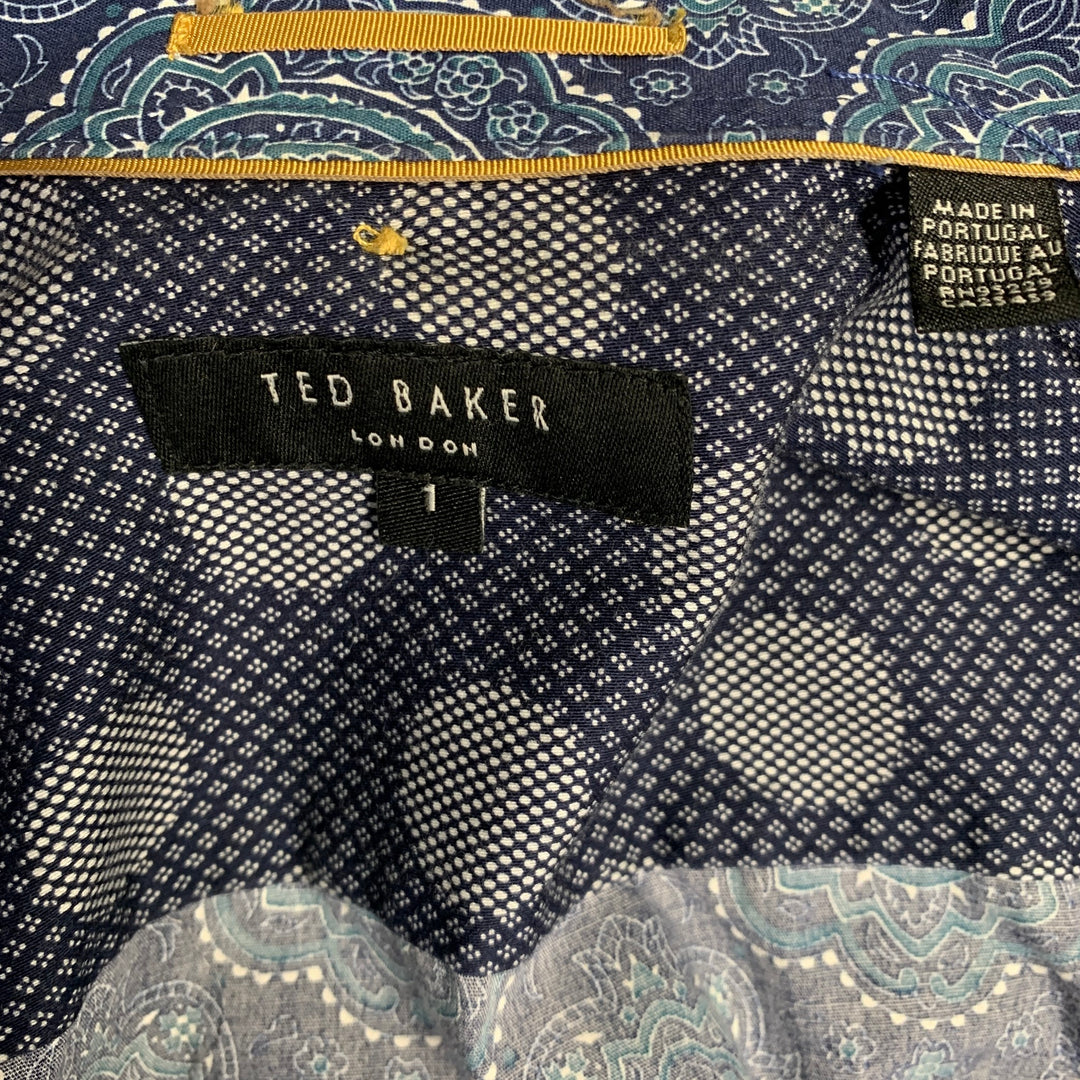 TED BAKER Size XS Bcrumbs Navy Green Paisley Cotton Spread Collar Short Sleeve Shirt