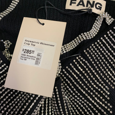 FANG Size S Asymmetrical Rhinestone Black Silver Cotton Blend Fringe Cropped Dress Top