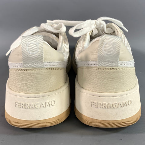 SALVATORE FERRAGAMO Size 12 White Beige Leather Lace Up Sneakers
