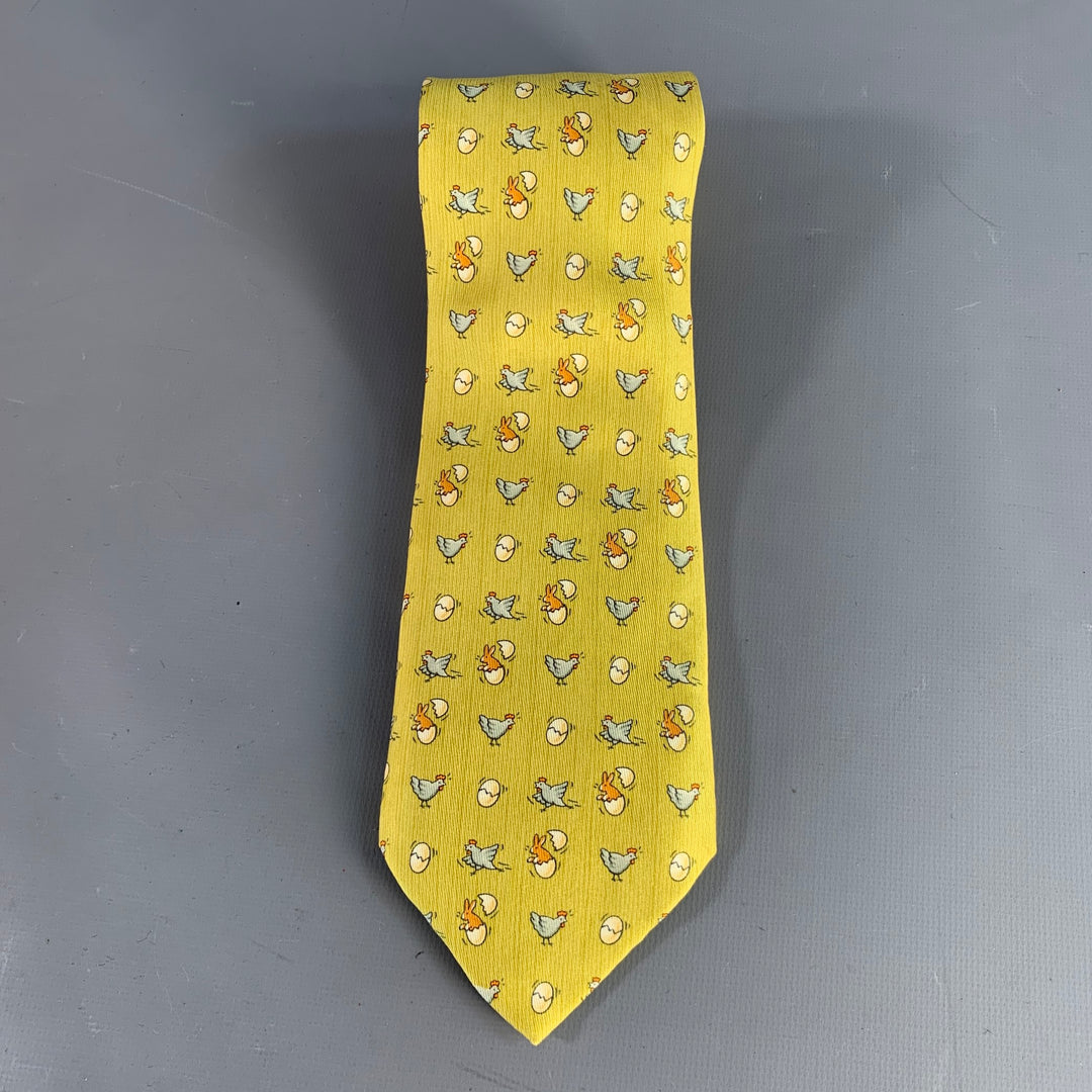 HERMES Green Multi-Color Birds Silk Tie