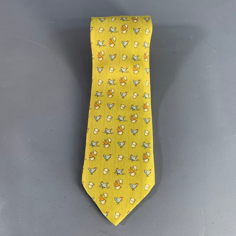 HERMES Green Multi-Color Birds Silk Tie