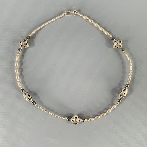 Collier vintage en métal, perles bleues et dorées, fermeture crochet et œillet