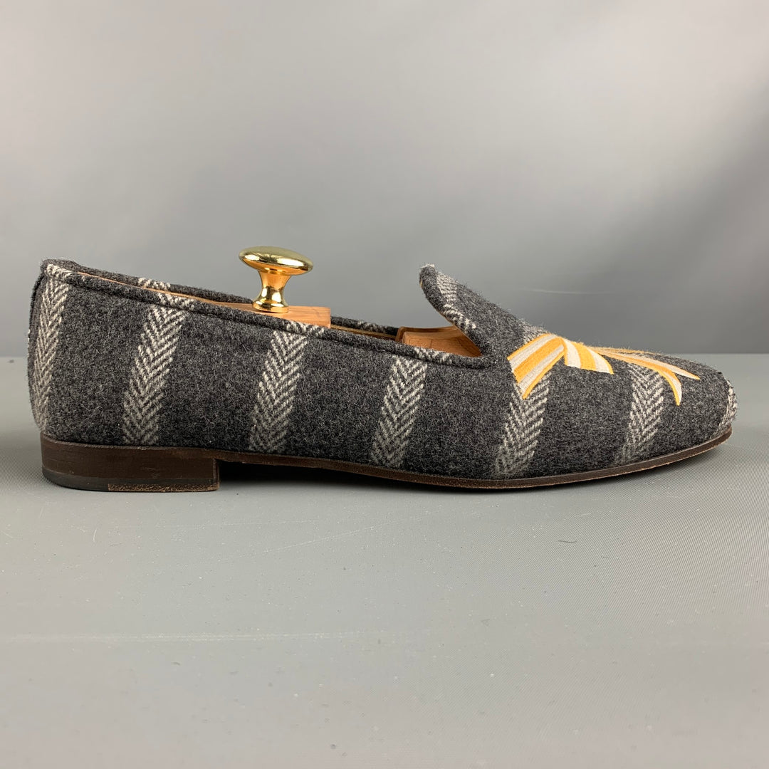 STUBBS &amp; WOOTTON Zapatos planos sin cordones de cuero de lana gris plateado y dorado talla 10