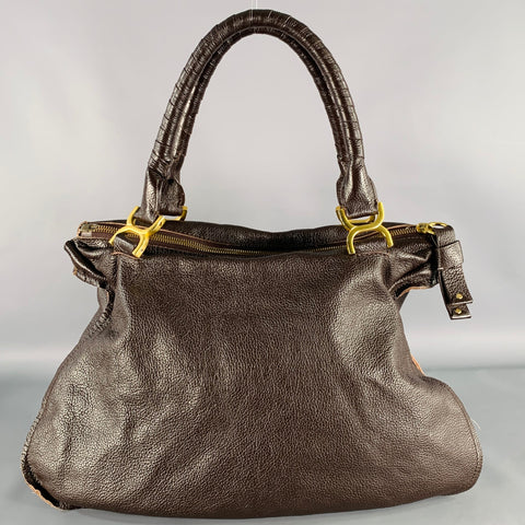 CHLOE Marcie Brown Gold Pebble Grain Leather Handbag