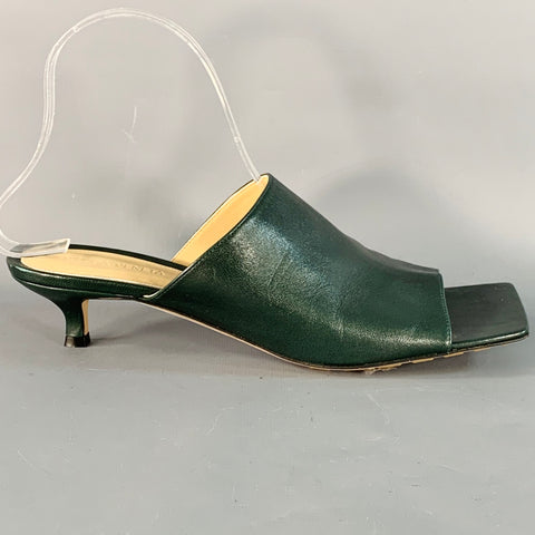 BOTTEGA VENETA Size 9.5 Green Leather Square Toe Kitten Heel Mules Sandals