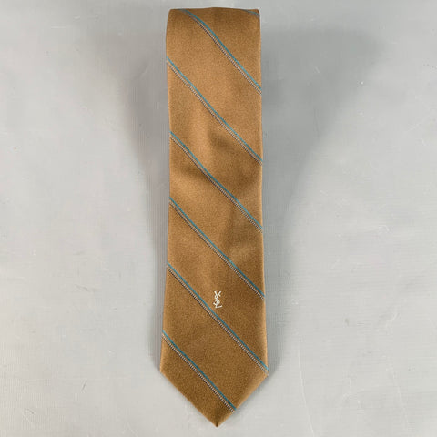YVES SAINT LAURENT Vintage Brown Teal Diagonal Stripe Silk Skinny Tie