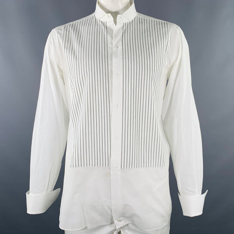 BRIONI Size L White Black Pleated Cotton Tuxedo Long Sleeve Shirt