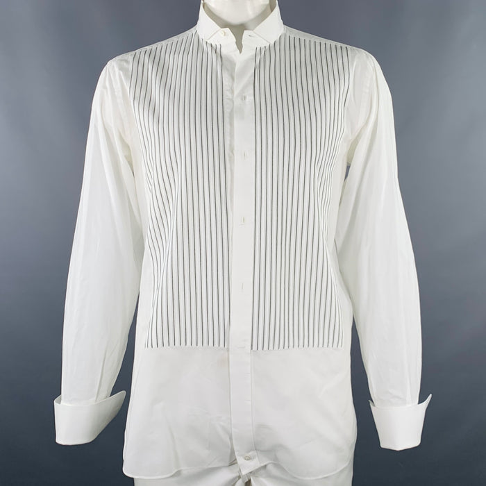 BRIONI Size L White Black Pleated Cotton Tuxedo Long Sleeve Shirt