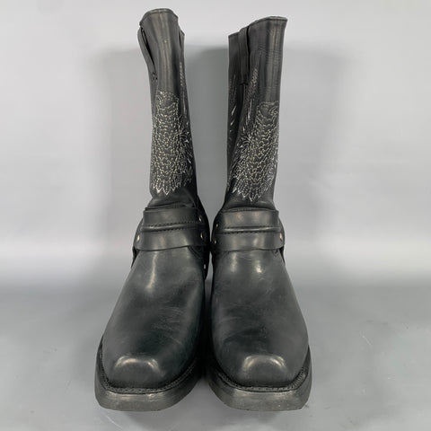 GRINDERS Size 9.5 Black Grey Birds Leather Biker Boots