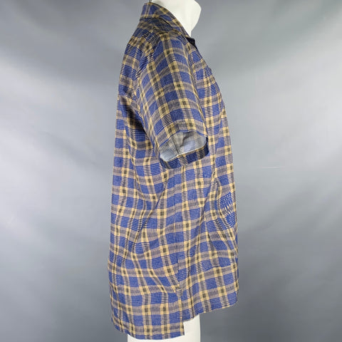 THEORY Size M Green Blue Checkered Silk Blend Short Sleeve Shirt