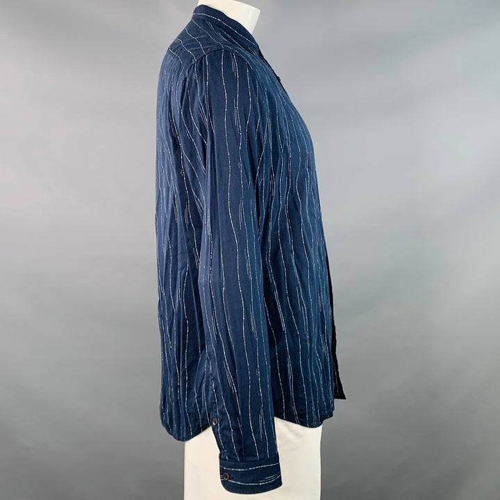 JOHN VARVATOS Size L Navy Grey Wavy Lines Cotton Blend Collarless Long Sleeve Shirt