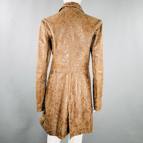 EMPORIO ARMANI Size 8 Brown Lambskin Leather Embroidered Single Breasted Coat