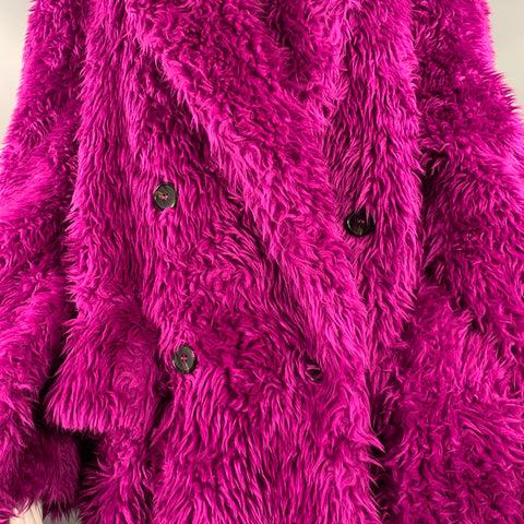 MSGM Size M Magenta Pink Modacrylic Blend Textured Faux Fur Notch Lapel Double Breasted Coat