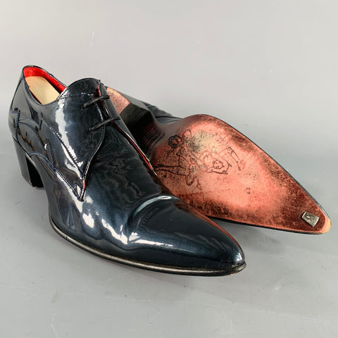 JEFFERY WEST Size 10 Navy Shimmery Patent Leather Pointed Toe Lace-Up Shoes