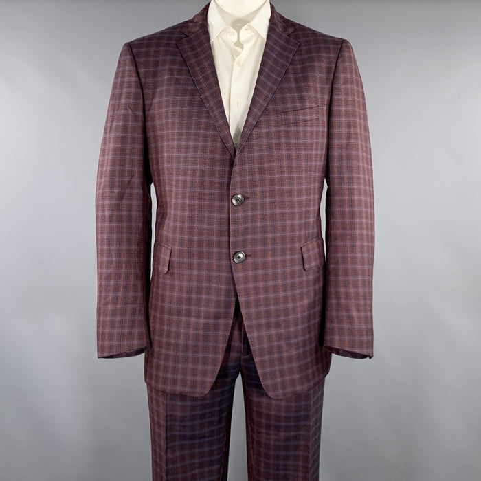 ETRO Size 48 Burgundy Black Gold Plaid Wool Notch Lapel Suit