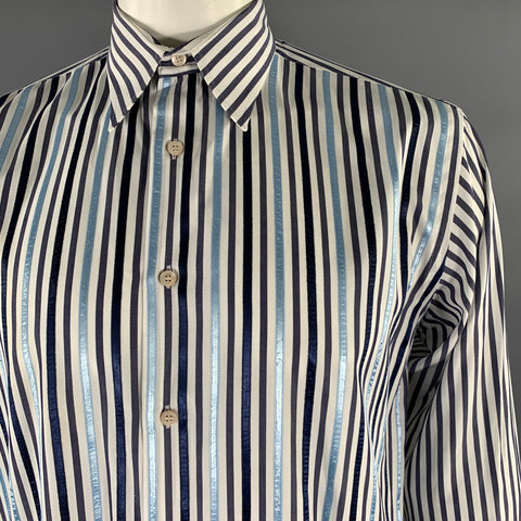 TED BAKER Size L White Blue Navy Stripe Cotton Long Sleeve Shirt
