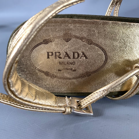 PRADA Size 9 Olive Gold Silk Metallic Leather Trim Strappy Sandals