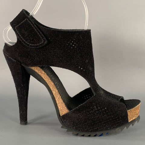 PEDRO GARCIA Size 9 Black Perforated Suede Platform Sandals