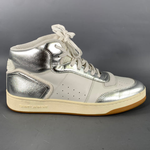 SAINT LAURENT Size 12 White Silver Color Block Leather High Top Sneakers