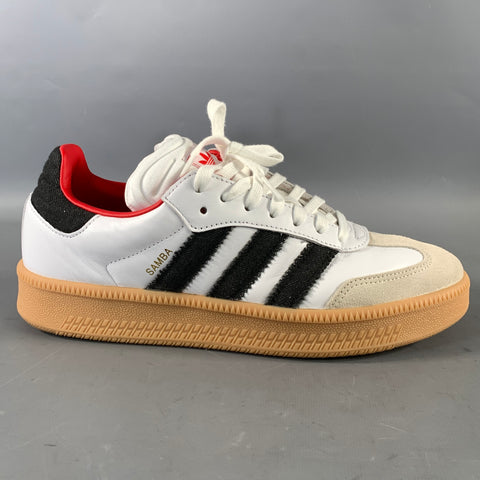 ADIDAS Size 11 White Black Stripe Leather Low Top Sneakers