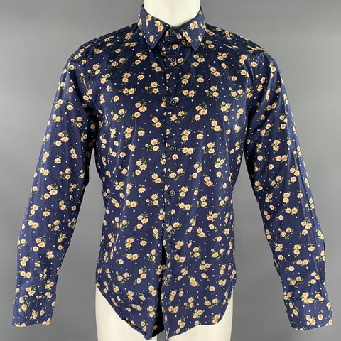 MACSON Size M Blue Multi-Color Floral Cotton Pointed Collar Long Sleeve Shirt
