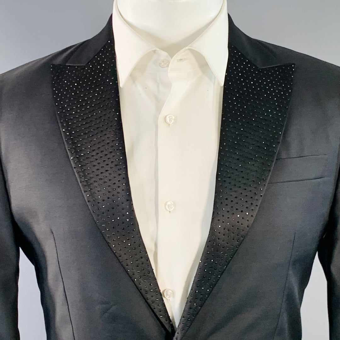 DSQUARED2 Size 38 Black Wool Silk Rhinestone Studded Peak Lapel Sport Coat