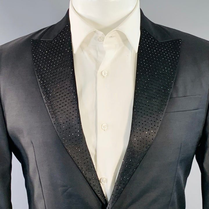 DSQUARED2 Size 38 Black Wool Silk Rhinestone Studded Peak Lapel Sport Coat