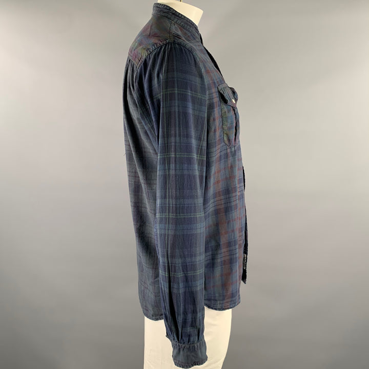 WOOLRICH Size L Navy Green Plaid Cotton Band Collar Long Sleeve Shirt
