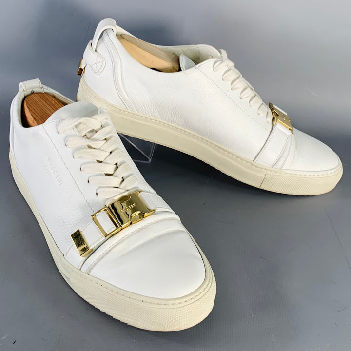 BUSCEMI Size 13 White Pebble Grain Leather Buckle Cap Toe Low Top Sneakers