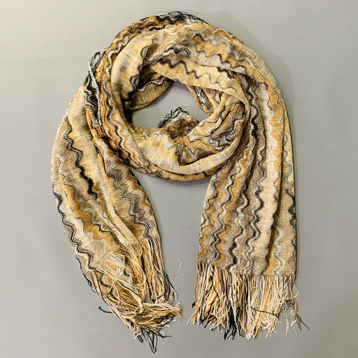 MISSONI Beige Multi Color Zig Zag Viscose Knit Fringe Scarf Shawl