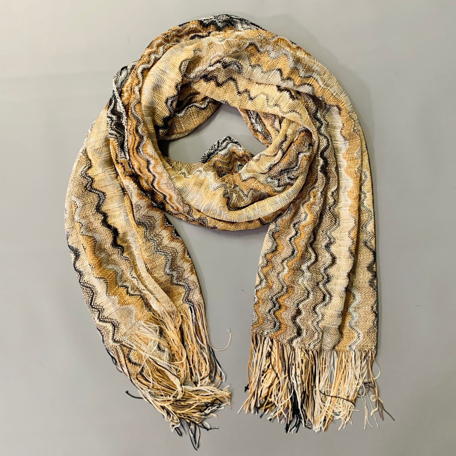 MISSONI Beige Multi Color Zig Zag Viscose Knit Fringe Scarf Shawl