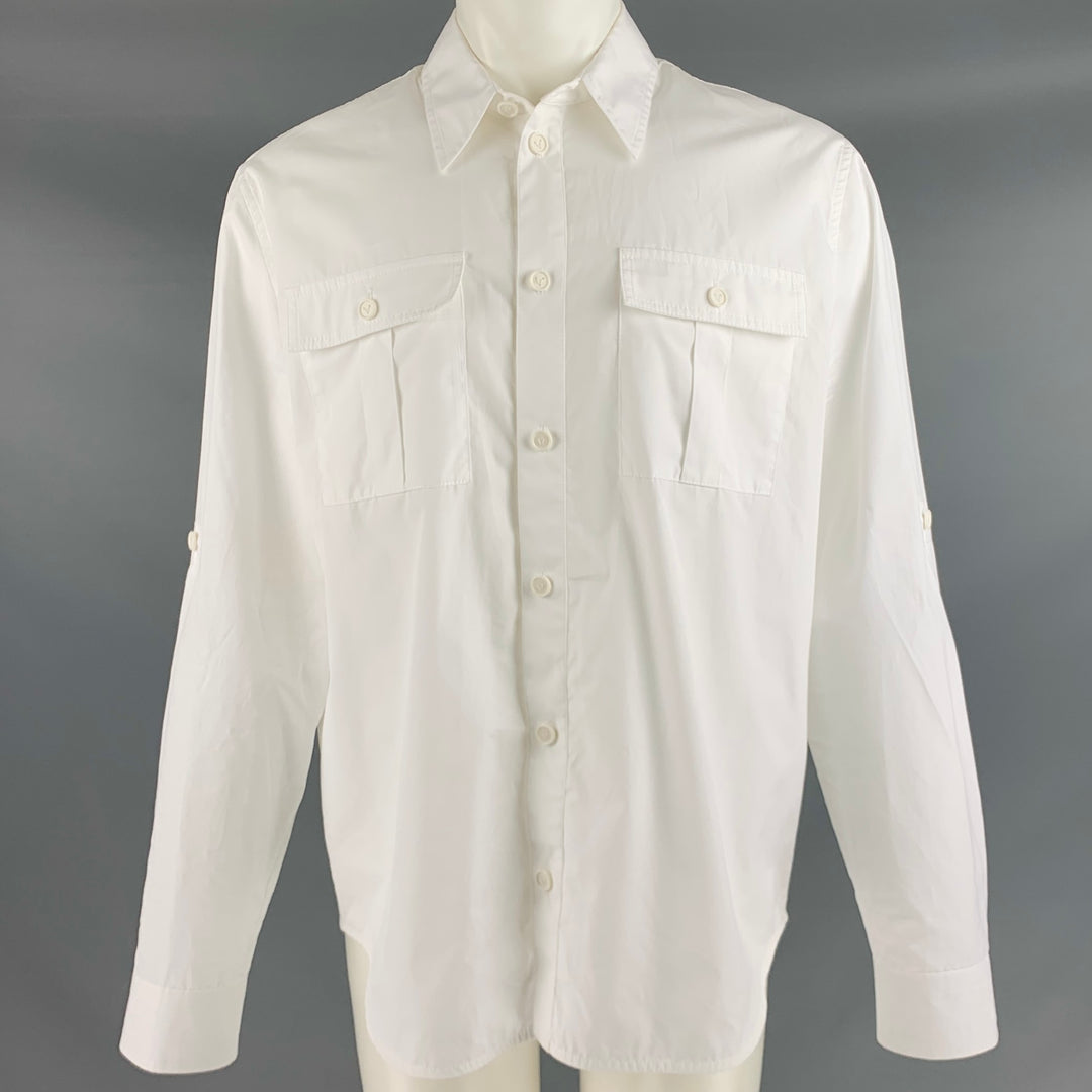 BOTTEGA VENETA Size M White Cotton Button Up Roll Tab Long Sleeve Shirt