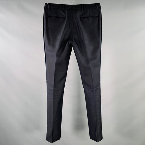 VALENTINO Size 32 Navy Wool Mohair Velvet Stripe Pleated Button Fly Tuxedo Dress Pants